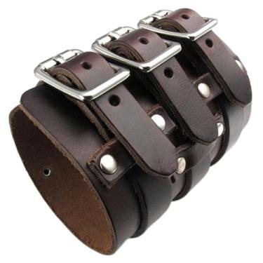 Imagem de jonline24h Pulseira masculina e feminina de couro genuíno larga Punk Rock serve para 19 cm a 23 cm, preto e marrom, 9 inches, Couro