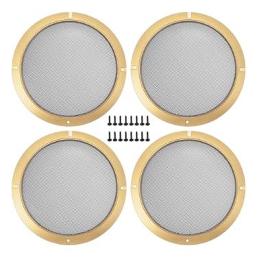 Imagem de ACROPIX Capa universal para grades de alto-falante de carro de 20,3 cm em malha redonda de 20,3 cm caixa protetora de subwoofer com parafusos ferro dourado tom preto - Pacote com 4