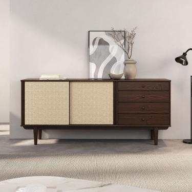 Imagem de Balcão Aparador Telinha Rattan Buffet 2 Portas 4Gav Madeira Cor Imbuia Simona