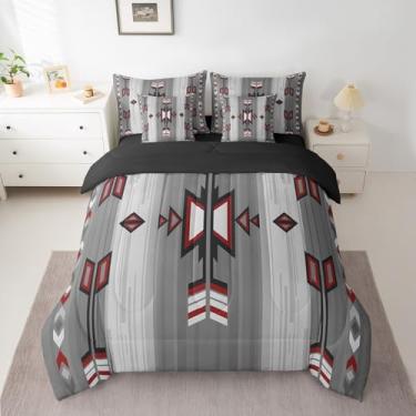 Imagem de jejeloiu Jogo de cama King com edredom boêmio, estilo faroeste, geométrico do sudoeste, para meninos e meninas, adolescentes, conjunto de cama tribal, cinza gradual