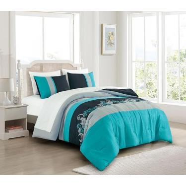 Imagem de Chezmoi Collection Conjunto de edredom Alana 7 peças para cama em uma bolsa com lençóis - bordado floral de folhas luxuosas, azul-petróleo, preto/cinza, leve para todas as estações, tamanho king