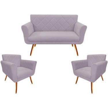 Imagem de Kit Namoradeira + 2 Poltronas Decorativa Sabrina Suede Rosê Pés Madeir