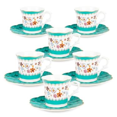 Imagem de fanquare Conjunto de 6 xícaras de café expresso vintage de 70,9 g, 12 peças de xícara e pires de cerâmica Demitasse, canecas de café expresso com padrão verde e floral para cafeteria em casa