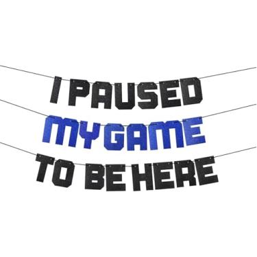 Imagem de Banner de artigos de festa de videogame I Paused My Game To Be Here, decorações de festa de aniversário para jogos azuis para meninos, tema de jogo com glitter decoração de placa de fundo