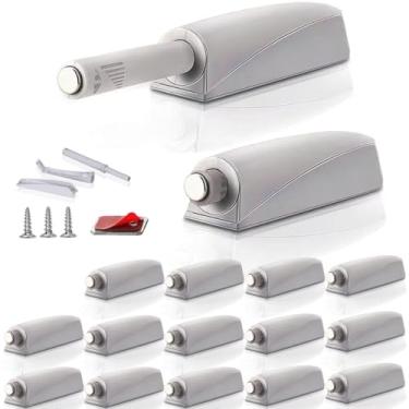 Imagem de Conjunto de 16 travas magnéticas para armário com trava e trava magnética para porta oculta, ponta de puxar para gaveta de liberação de empurrar no armário, fecho de toque, forte pop out, cinza