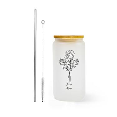 Imagem de AGH Presente lata de vidro para homens e mulheres, copo de vidro de 473 ml com tampas Banboo e canudo, copo de vidro rosa junho para Ice Coffe Smoothie Whiskey Boba Soda Tea Gift. 1 pacote com caixa