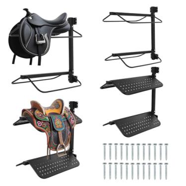 Imagem de FAHKNS Suporte de parede de 2 peças, suporte de sela de 4 camadas para sela inglesa e ocidental, suporte flexível de armazenamento de sela de cavalo para estábulos, sala de reuniões, armazém, etc.
