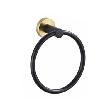 Imagem de Conjunto de ferragens para banheiro preto – Suporte para toalhas de aço inoxidável, cabide para rolo de papel higiênico, gancho para roupão – sem furadeira, 3 peças, anel para toalha