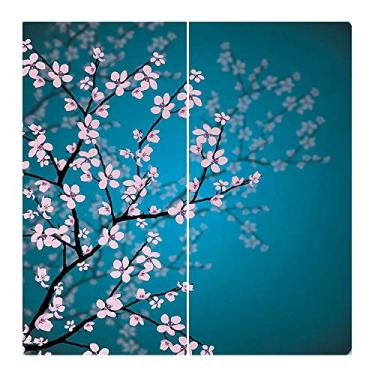 Imagem de Cortina blackout azul-petróleo, flores cor-de-rosa, folhas e plantas, ombre, cortinas blackout com absorção de som para sala de jantar/decoração de festas, L 132 x C 239 cm azul-petróleo