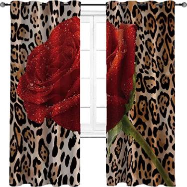 Imagem de Cortina blackout leopardo, estampa de guepardo de leopardo e animal selvagem, mistura de rosas vermelhas, tecido impermeável, cortina de isolamento de cozinha com tratamento de sombreamento, L 130 x C