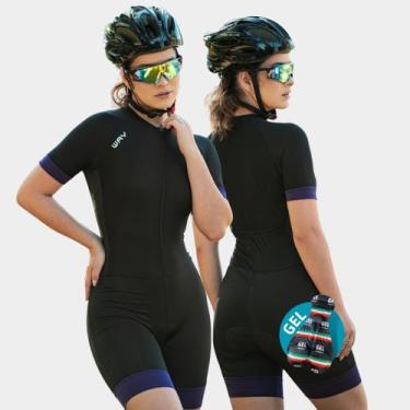 Imagem de Macaquinho de Ciclismo Feminino Manga Longa Bike Way Fresh Preto Roxo 