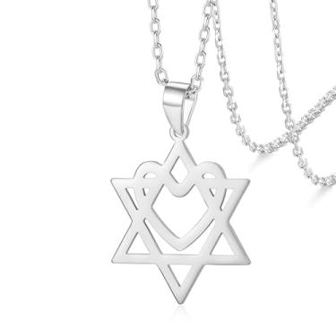 Imagem de VASSAGO Pingente de estrela de Davi com colar de coração, hexagrama de aço inoxidável, colar de estrela judaica, amuleto religioso, dia dos namorados, dia das mães, presente, Adjustable, Aço