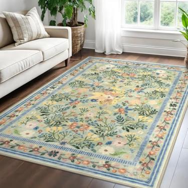 Imagem de SILOLOOM Tapetes de área para sala de estar 13 x 18 cm, lavável, boêmio, verde, fino, floral, tapete antiderrapante, vintage, para sala de jantar, cozinha, escritório, sala de jogos, verde/multi