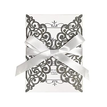 Imagem de Fashmade Convite de casamento cortado a laser 50 peças com envelopes de glitter e fitas cartão personalizado em branco convites para aniversário de 15 anos, chá de bebê, festa de Natal, chá de panela