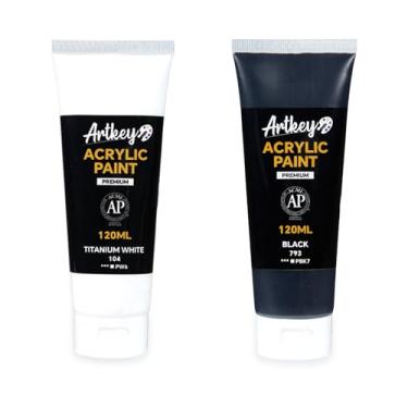 Imagem de Artkey Tinta acrílica - tubos brancos e pretos (120 ml/115.1 g), pigmentos ricos e vibrantes, tintas acrílicas para artistas profissionais - Materiais de arte para tela, madeira, rocha, argila, tecido