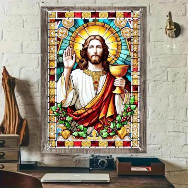 Imagem de BlissYard Capa de janela de Natal Religiosa Jesus Vitral Arte Presépio Luz Sagrada Halo Decoração de Igreja Copo Sagrado Cruz Painel de Fundo Cristão Simbólico Decoração de Adoração de Natal