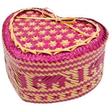 Imagem de Cesta de servir arroz pegajoso de bambu 15 x 13 cm, Kratip, recipiente intrincadamente tecido, em forma de coração, padrão de trama de elefante, azul, tailândia feito à mão (roxo A)