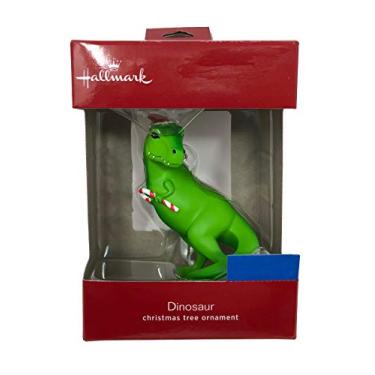 Imagem de Hallmark Dinossauro T-Rex 2018 com chapéu de Natal e enfeite de bengala doce