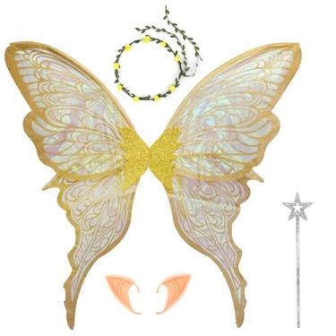 Imagem de FramePro 32"x30" Fairy Wings for Adults and Girls - Sparkly Organza Butterfly Wings Costume Set with Flower Tiara, Elf Ears & Magic Wand for Halloween Parties, Cosplay (Gold)