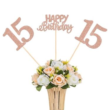 Imagem de Pacote com 12 bastões de mesa de centro de 15 anos com glitter, 15 palitos de mesa de brinde a 15 anos de idade para 15 fabulosos artigos de festa com tema de feliz aniversário, ouro rosa