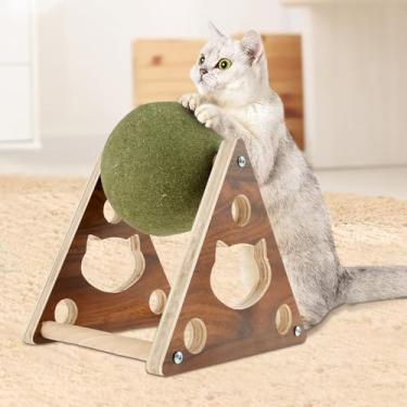 Imagem de DJAPWPX Brinquedo de bola de menta para gatos com suporte de madeira, bola giratória de erva-dos-gatos, brinquedo engraçado para arranhar o chão, bola de erva-dos-gatos, bola de rolo segura de erva de