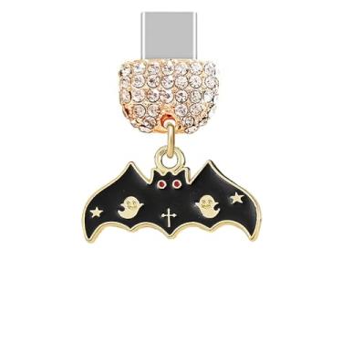 Imagem de ELISE & FONDA TP905 Tipo-C porta de carregamento cristal antipoeira pequeno pingente de celular morcego de Halloween para iPhone 15/16/Samsung/OnePlus/Xiaomi/oppo telefones Android (preto)