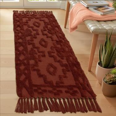 Imagem de Tapete Uphome boêmio de corredor, 0,6 x 1,8 m, lavável para entrada de casa de fazenda, trançado, de algodão, estética tribal boêmia, para porta de cozinha, quarto, sala de estar - Terracota