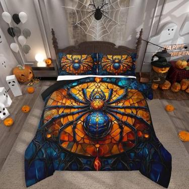 Imagem de Castle Fairy Conjunto de cama de aranha 3D, azul, laranja, patchwork, gradiente, quadriculado, para crianças, adolescentes e adultos, animal selvagem de terror feliz dia das bruxas, edredom acolchoado