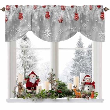 Imagem de YESOF66 Cortinas de Natal para janelas de cozinha, floco de neve, bolas de Natal de grão de madeira, com bolso para varão, cortinas de janela para sala de estar, quarto, casa de fazenda, 137 cm L x