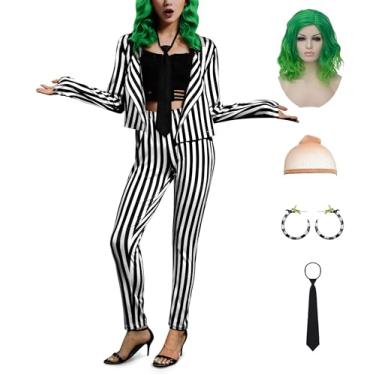 Imagem de ALIREVERIE Blazer feminino engraçado festa de Halloween assustador frente aberta Beetlejuuie conjunto de fantasia preto e branco listrado 6 peças G