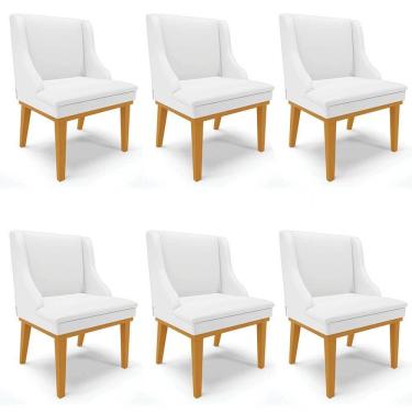 Imagem de Kit 6 Cadeiras Estofadas Sala de Jantar Base Fixa de Madeira Castanho Lia Sintético Branco - Ibiza