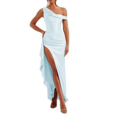 Imagem de Vestido longo de baile Alphirkut Mermaid Satin azul claro para mulhere