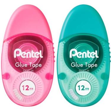 Imagem de Cola Adesiva 2 Fitas De Colagem Pentel 12m Escolar Tampa, Rosa-Verde