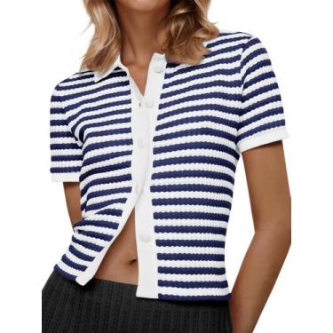 Imagem de Suéter polo listrado Saodimallsu feminino de manga curta azul marinho