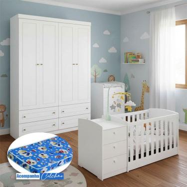 Imagem de Berço Multifuncional Atlanta e Guarda Roupa Mississipi 4 Portas Henn Ambiente Branco Fosco com Colchão Ortobom - Reller