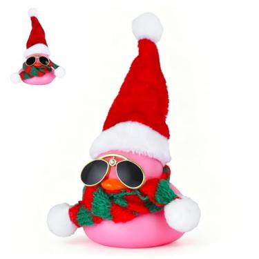 Imagem de Pato de borracha de Natal com chapéu de Papai Noel, óculos de sol e cachecol de diamante - decoração de painel de carro barulhento rosa, enfeite de pato divertido DIY para carro, quarto, presentes