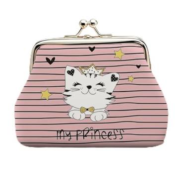 Imagem de Porta-moedas de couro criativo com lindo design felino, carteira portátil de gato rosa para guardar moedas, chaves e itens pequenos