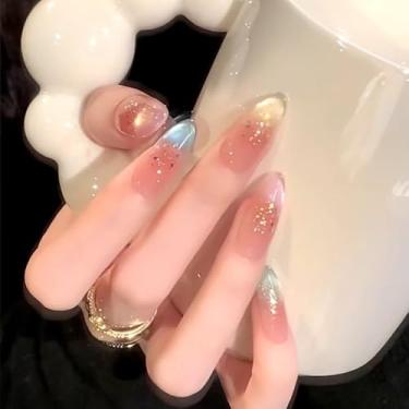 Imagem de Unhas postiças de olho de gato de amêndoa média com design de glitter, cobertura completa, cola em bastão falso artificial em unhas de acrílico para mulheres, 24 peças
