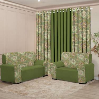 Imagem de Kit Sala Floratta Cortina 3 Metros Kit Capa Sofá 3 E 2 Lugares Coladin