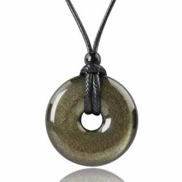 Imagem de weryerker Colar com pingente feito à mão de 30 mm Donut Donut Pendnat Reiki Chakra Colar de cristal moeda da sorte com corrente ajustável, 1.18 inch, Gema, Aventurina verde
