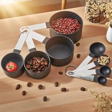 Imagem de Conjunto de 8 peças de copos e colheres medidores com alça de aço inoxidável para ingredientes secos e líquidos com cabeça de plástico para assar e cozinhar (preto)