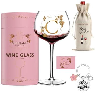 Imagem de GALOFAY Taças de vinho presentes para mulheres, alfabeto A-Z, conjunto de taças de vinho tinto com monograma dourado personalizado 'C', pacote de presente rosa com taça, saco de vinho, chaveiro e