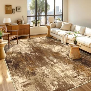 Imagem de RELEANY Tapetes laváveis 2,5 m x 30,5 cm, antiderrapante, moderno, abstrato, macio, para sala de estar, entrada, quarto, berçário, estampado, marrom, bege, café