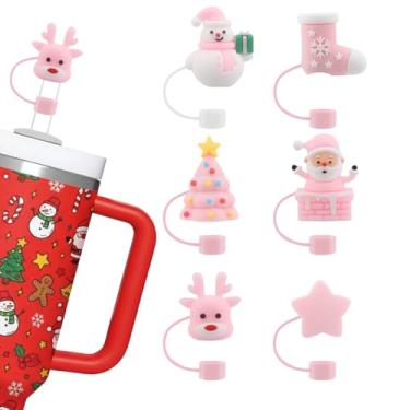 Imagem de Bchjatk 6 peças de topos de palha de Natal rosa para copos Stanley Cup 850.5 g 1,134.0 g, árvore boneco de neve rena design fofo capas de palha de silicone reutilizáveis, acessórios festivos para