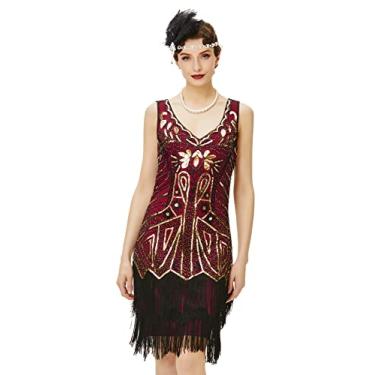 Imagem de BABEYOND Vestido feminino melindrosa anos 20 com decote em V e franjas e franjas, Dourado e vermelho vinho, PP