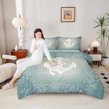 Imagem de Homewish Conjunto de edredom de âncora náutica, tamanho solteiro, vintage, azul marinho, estampa caubói, 2 peças, para decoração de quarto de casa, aventura marítima, edredom de microfibra, 1 fronha