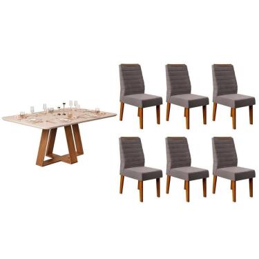 Imagem de Sala de Jantar Completa Celeste c/ Tampo Madeirado c/ Vidro Curvo 160x90cm e 6 Cadeiras Ondina Freijo/Off White - Suede Lunar - DJ Móveis