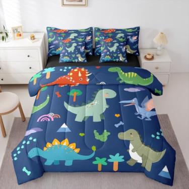 Imagem de Erosebridal Jogo de cama solteiro com desenho animado de dinossauro, 7 peças, pegadas de ossos de árvore, cama de pterossauro, tricerátopo de arco-íris, dinossauro fofo para crianças, meninos e
