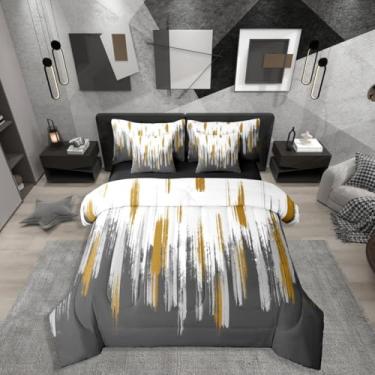 Imagem de Erosebridal Conjunto de cama solteiro cinza e preto abstrato para crianças e adultos, pinceladas modernas, grafite, pintura a óleo, 7 peças, vintage, arte abstrata, conjunto de cama em uma bolsa com