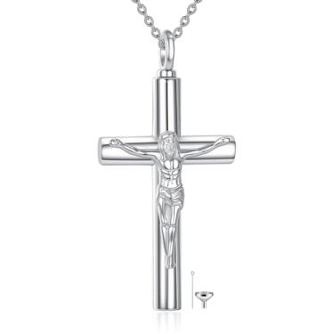 Imagem de RYJOZT Colar de urna com cruz para cinzas S925 prata esterlina crucifixo cruz pingente joia de cremação com enchimento de funil cinzas presentes de lembrança para mulheres e homens